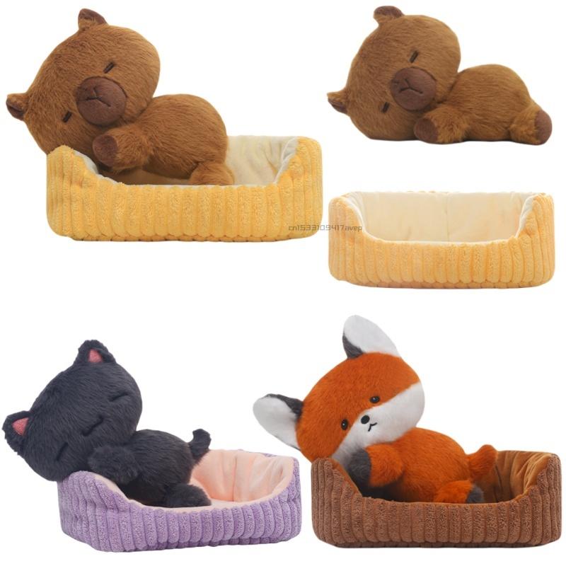 High Quality Lying Black Cat Fox Capybara In Nest Super Cute Cartoon Stuffed Animals Cuddly Plushie for Kids Birthday Gift