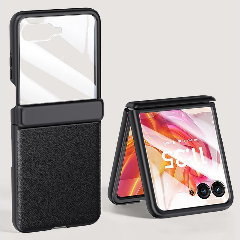 

With Spring Hinged Plain Leather Screen Tempered Glass Protector Case For Moto Razr 50 Ultra Motorola Razr50 All-inclusive Cover Moto Razr 50 Ultra