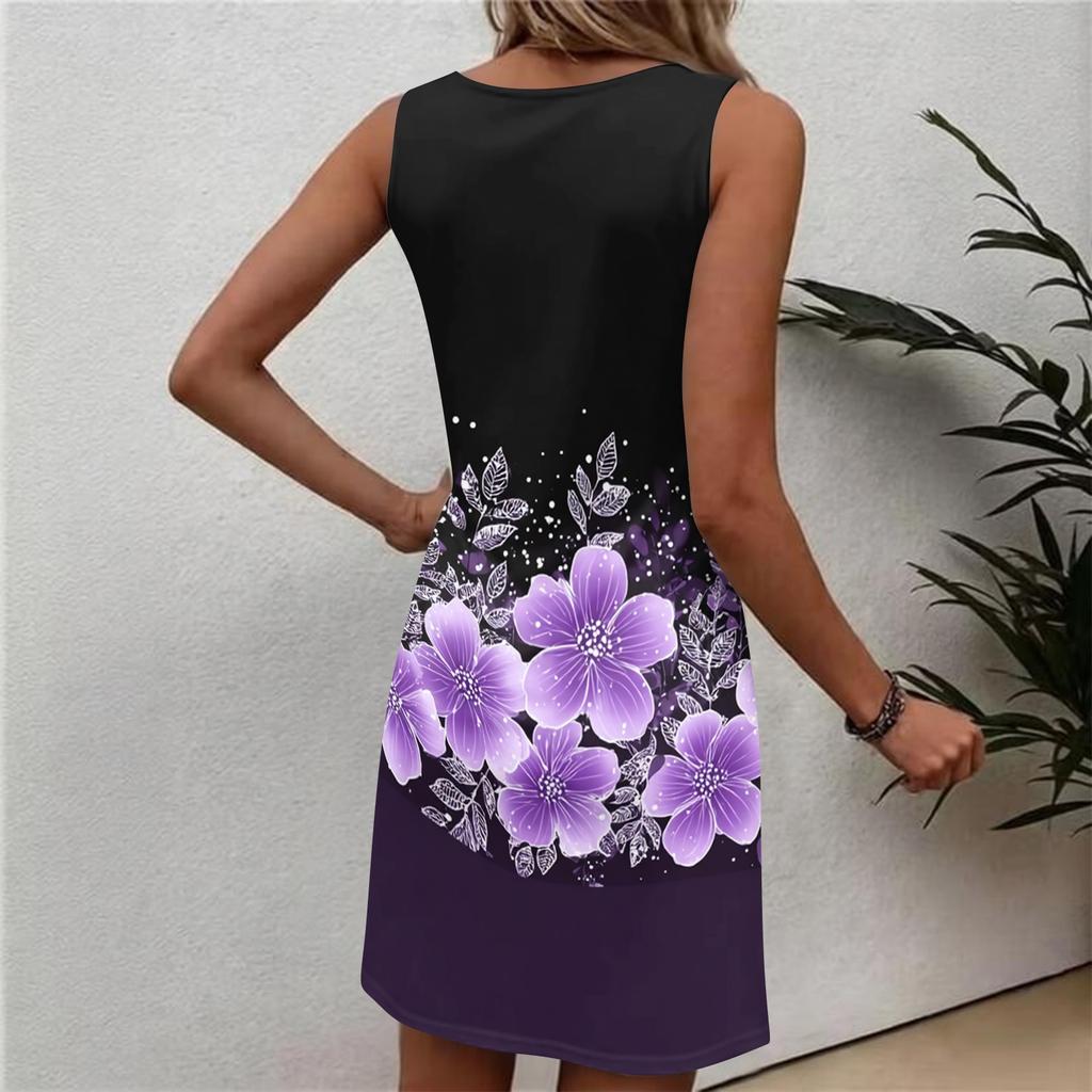 Damen ärmelloses Blumenmuster Kleid Lässig Rundhalsausschnitt Sommerkleid Leicht Bequem Sitzendes Kleid für den täglichen Gebrauch Strandurlaub