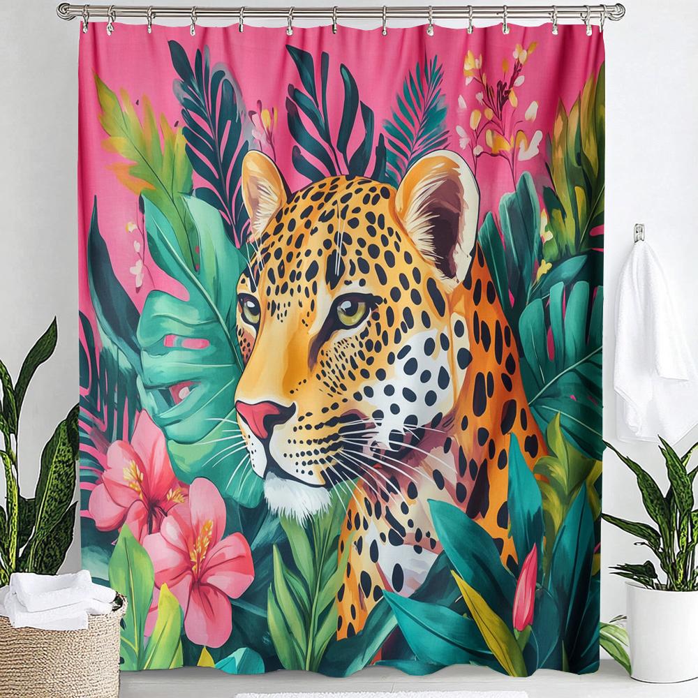 Tropical Plants, Flowers and Pink Leopards Print Waterproof Shower Curtain Hanging Curtain 12 Hooks Decoration Machine Washable