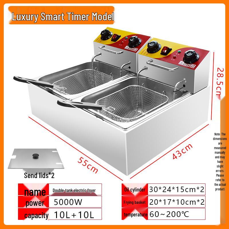 Dual Tank Stainless Steel Electric Deep Fryer - Constant Temp Fryer for Skewers, French Fries, Street Food.