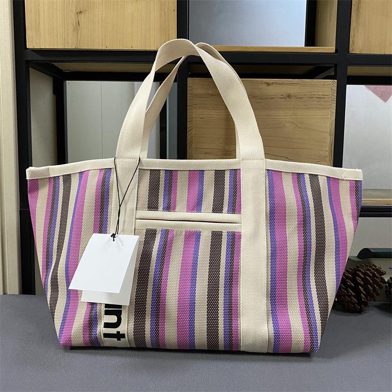 Rakuten Japan Korea Straw Woven Tote Bag with Colored Stripes - Casual Handbag for Shopping