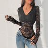 New Autumn Women's Lace Patchwork Long-sleeved V-neck See-through Jumpsuit