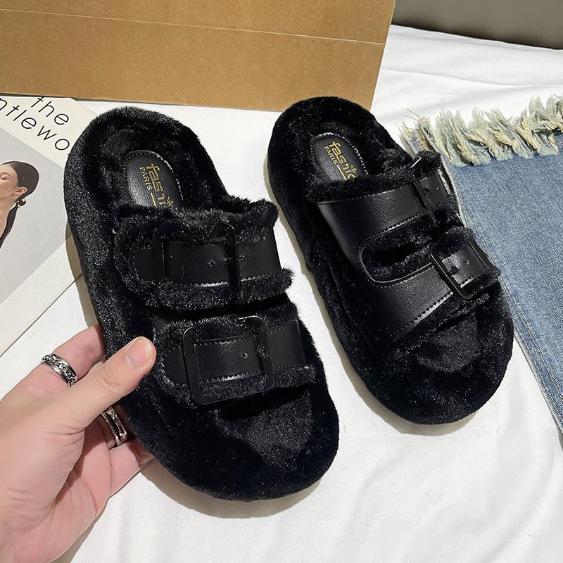 Fashion Korean Belt Buckle Designer Fur Slippers for Women Fashion Casual Autumn Winter Cotton Slippers Shoes Ladies