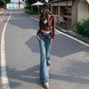 American High Street Washed Cat Beard Low Waist Slightly Pulled Pants Female Slim Slim and Thin Versatile Drape Jeans 1