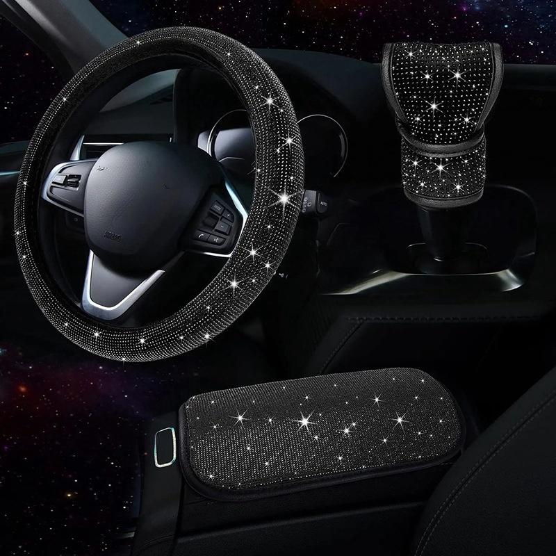 3Pcs Car Accessories Set for Women Steering Wheel Cover Gear Shift Cover Armrest Pad Mat Bling Auto Diamond Decortion Styling