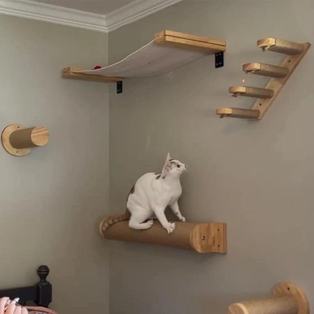 1Pc Wooden Cat Climbing Frame Wall Mounted Cat Furniture Cat Jumping Platform Cat Climbing Ladder Hammock Climbing Structure