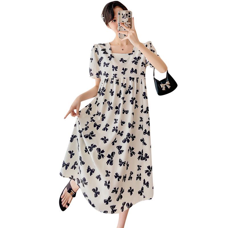Plus Size Summer Maternity Dress: Square Neck, Butterfly Midi, Short Sleeve