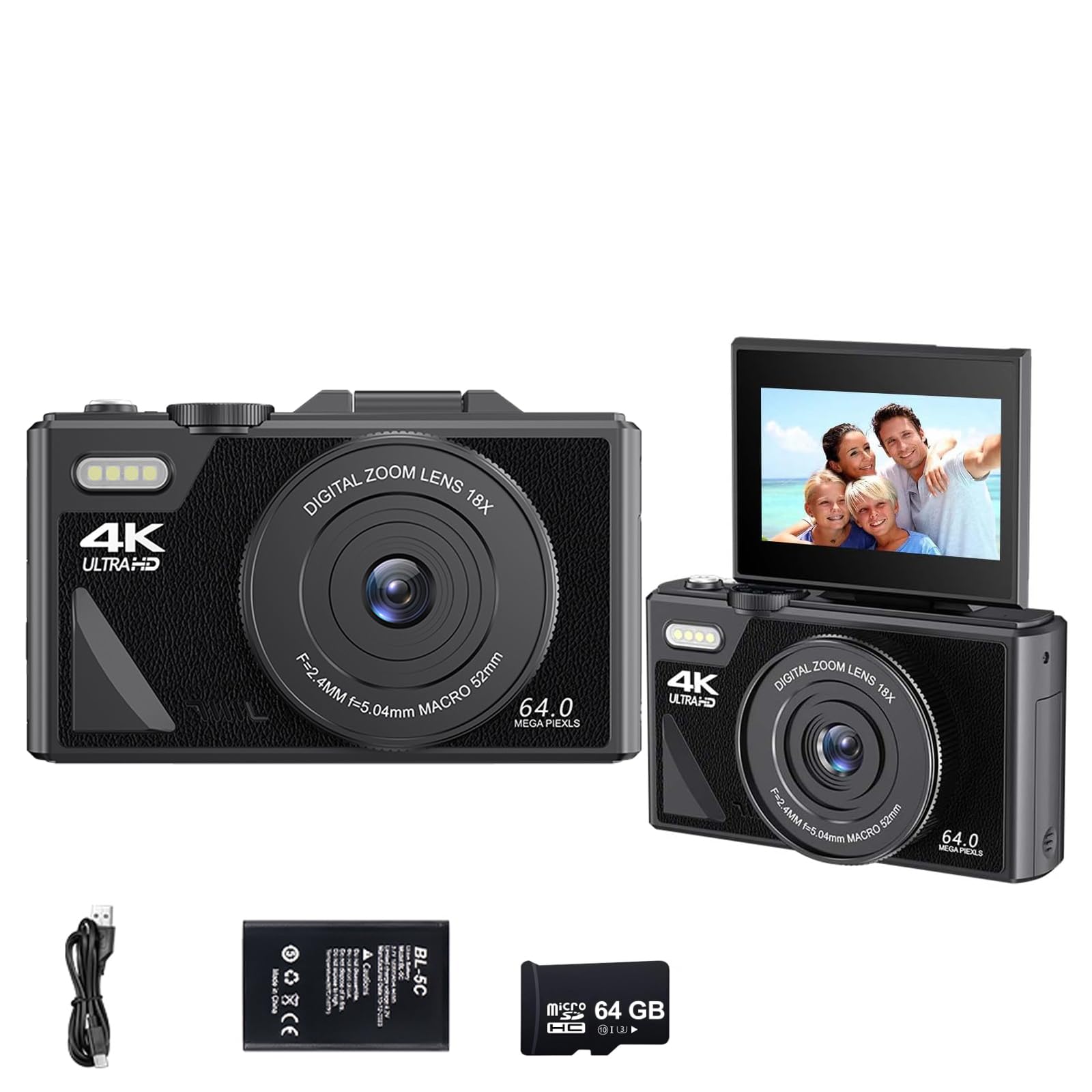 

Digital 4K wifi 64 million 18x large video AF image convenient video Japanese compact school birthday present camera, compatible, pixels, compact, чорний