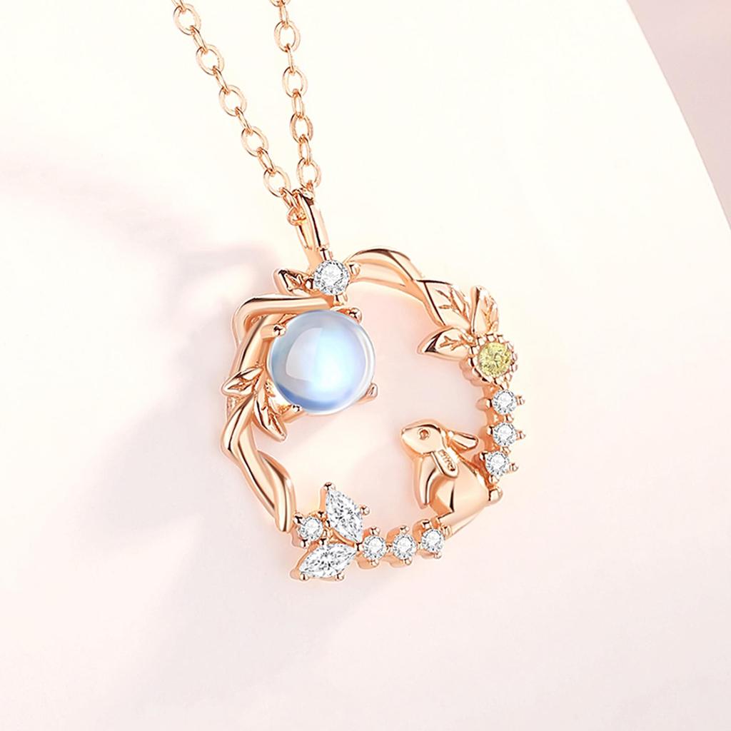 Moon Rabbit Necklace 925 Pink June Birthstone Day Elegant Accessory [Silver Thunder] Silver, Gold, (Moonstone), Anti-Allergy, Valentine's Gift,