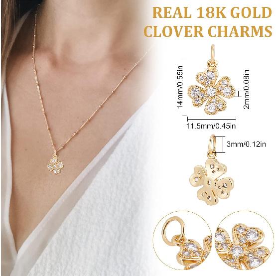 Beebeecraft 6Pcs/Box Four Leaf Clover Charms 18K Gold Plated Brass Good Luck Pendant Cubic Zirconia St. Patrick's Day Shamrock Charm for Jewelry