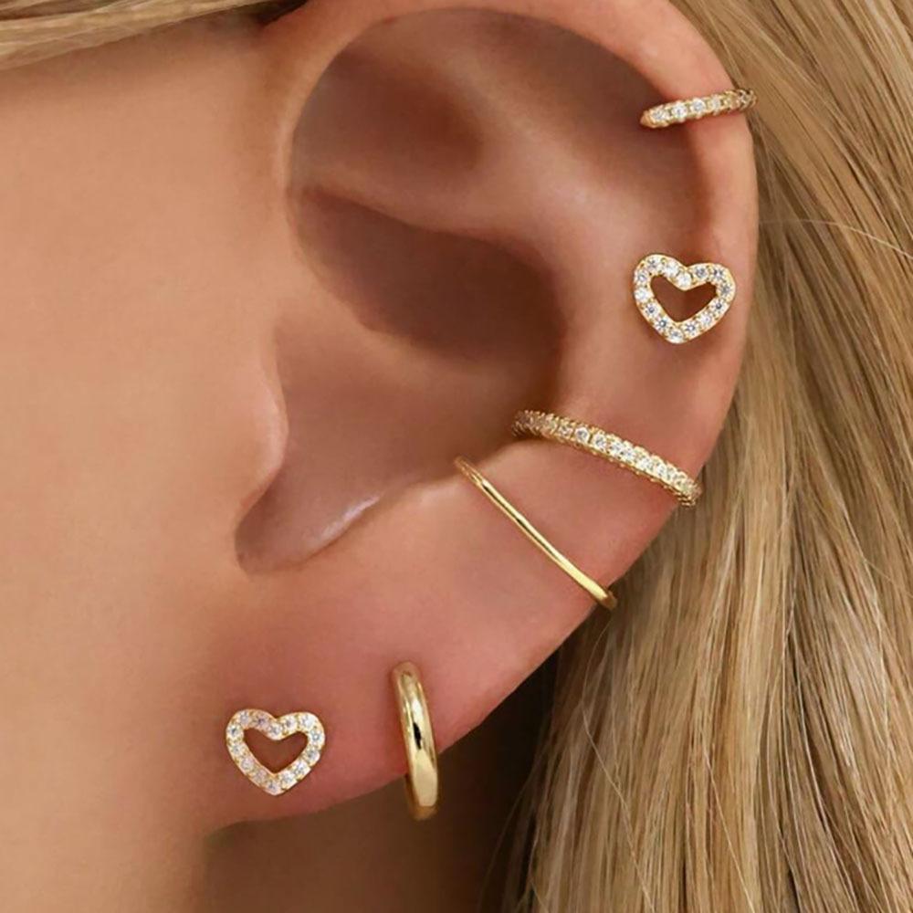 New Full Hollow Heart Ear Bone Pin Screw Super Flash Stud Twin All-Match Daily Studs Rings