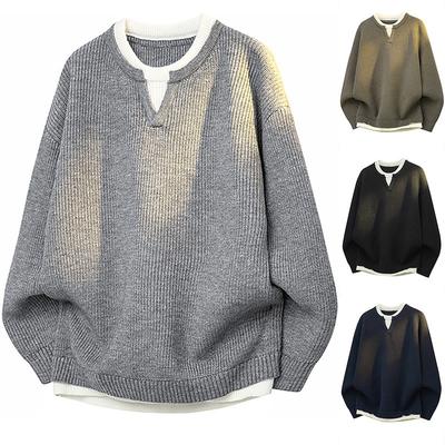 Mens Fake Two Piece Patchwork Thick Knit Loose Pullover Sweater