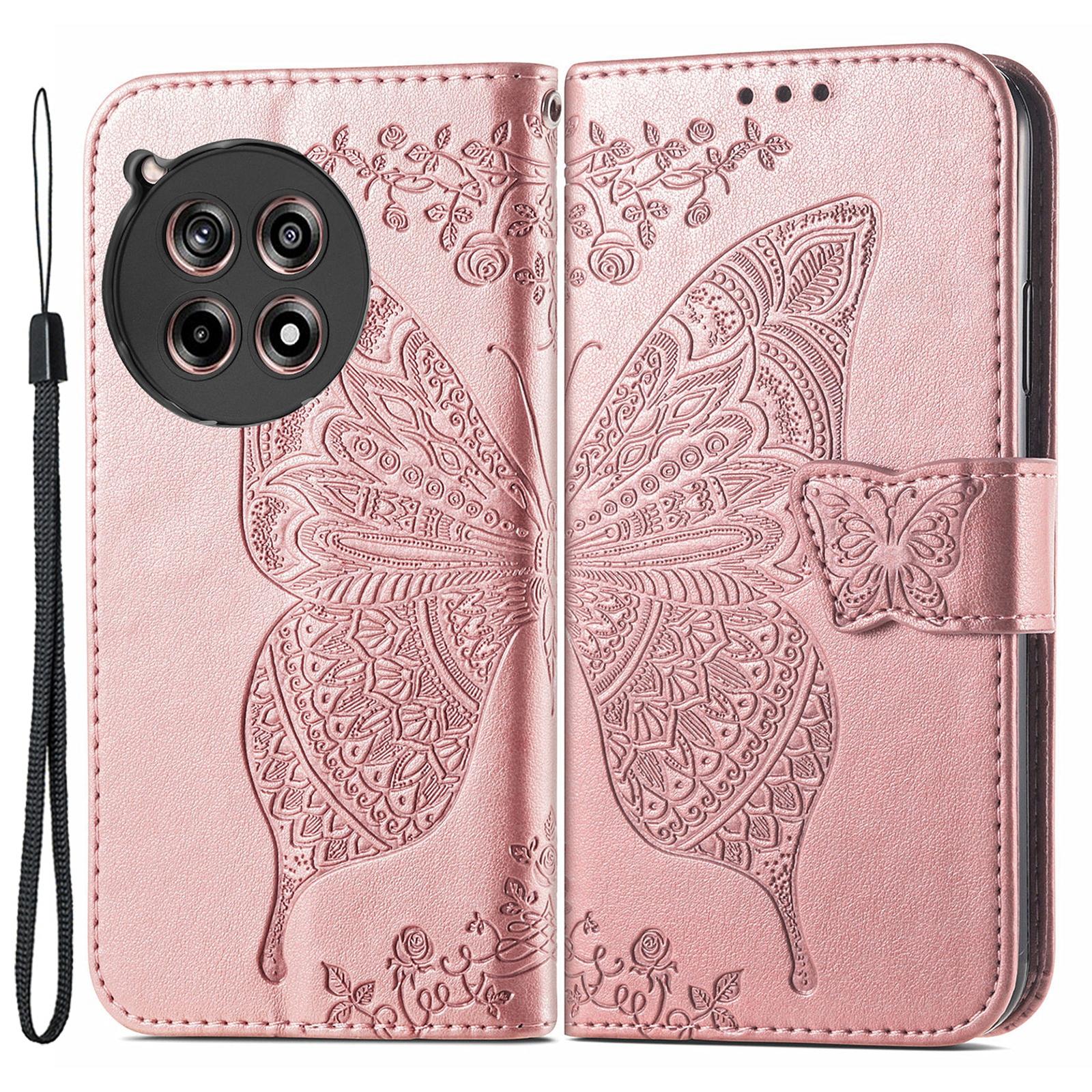 

Для OnePlus 12R 5G/Ace 3 5G Магнитный чехол для телефона Фолио Подставка Обложка с тиснением бабочки Rose Gold