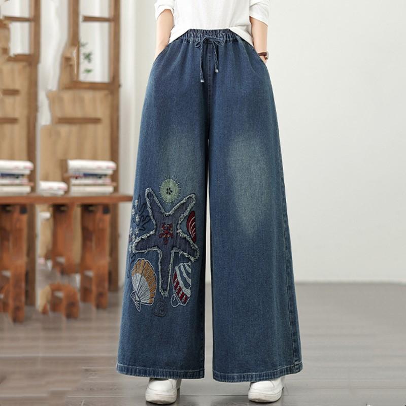 Plus Size Vintage Embroidery High Waist Casual Loose Women Spring Summer Autumn Jeans Denim Wide Leg Pants