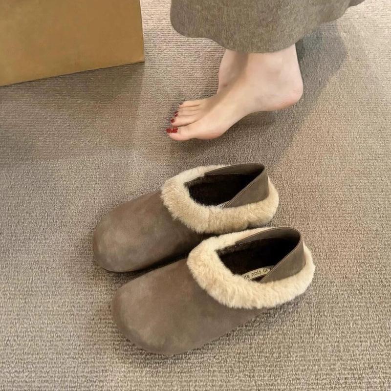 Fleece leather Birkenstocks women step on the heel two wear one pedal versatile cotton shoes retro warm flats