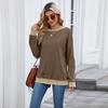 Women's Round Neck Loose Top Long Sleeved Color Blocked Ribbed Sweatshirt