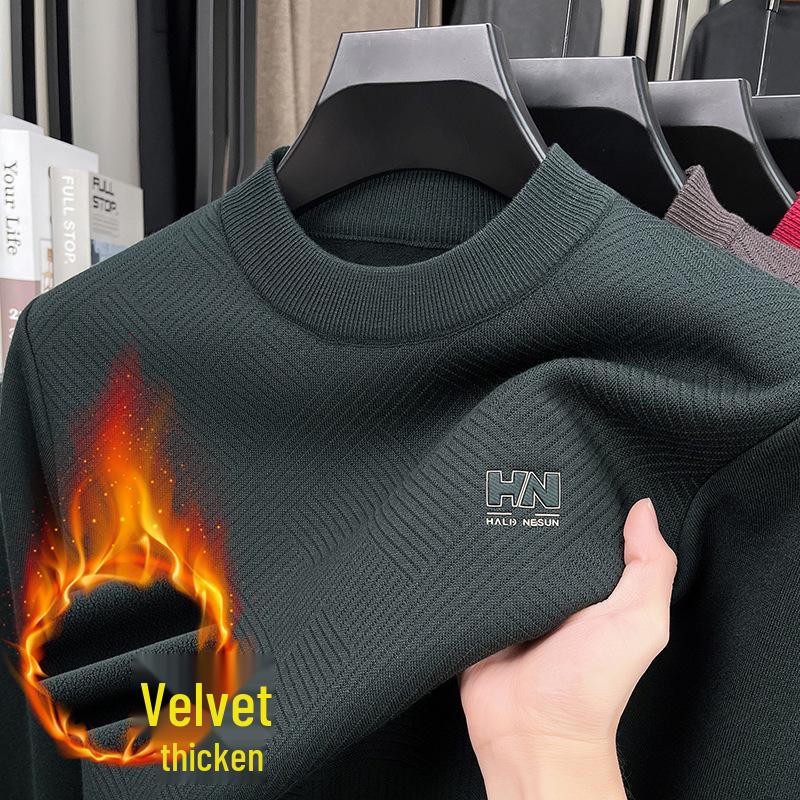 Men's Thick Plush Fleece Knit Top - Round Neck, Warm Base Layer for Winter/Autumn