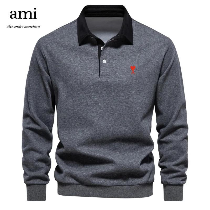

Вишита чоловіча футболка поло з довгим рукавом з чистої бавовни AMI 2025 для осені та зими XL
