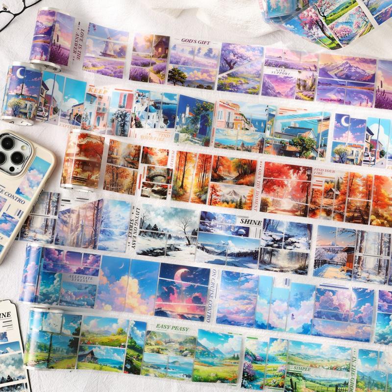 4 Rolls 6.5*200cm Beautiful Oil Painting Landscape Tape Set, Artistic Scenery Design, for Journal Decoration & DIY Crafts