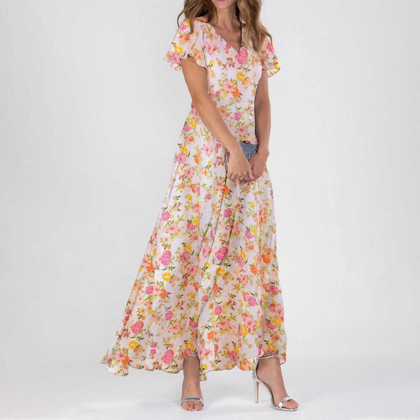 

Женские летние платья Повседневные платья макси с короткими рукавами Милые макси-платья с цветочным принтом Платья для гостей свадьбы Шифоновые струящиеся платья M