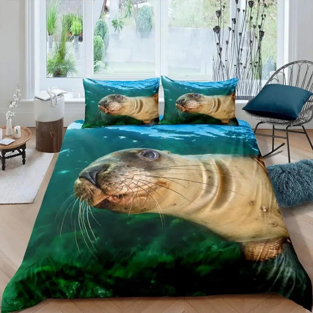 Seal Bedding Set fur seal Duvet Cover Marine life quilt cover Pillowcase King Size Marine Life Polyester Comforter Cover