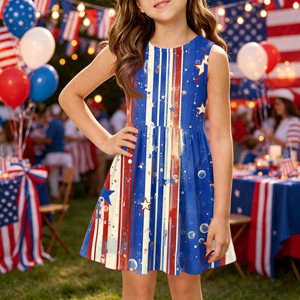 Girls' Summer Princess Dress - A-Line Vest Splice Dress Independence Day