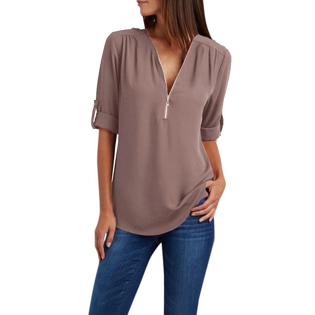 Women Ladies Zipper Button Long Sleeves Loose Chiffon Shirt Clothing