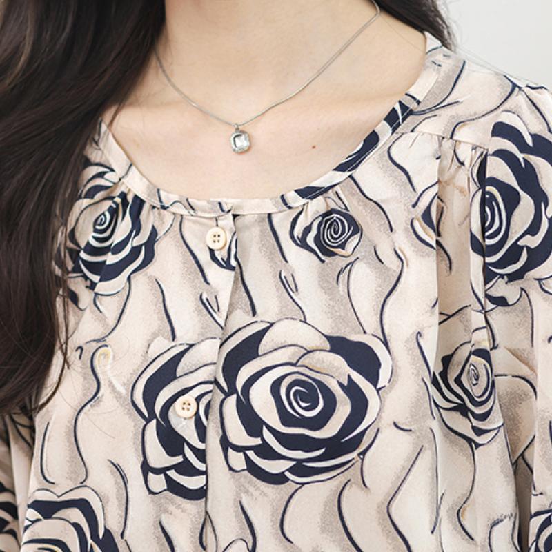 Temperament Round Neck Elegant Casual Shirts Women Tops Spring Long Sleeve Print Floral Loose Blouse Women Vintage Button Up Office Ladies Shirt 26328