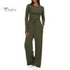 Long Sleeve Top Women Pants Set for Spring Fall, Slim Fit Crewneck Sweatshirt, Two Piece Sets Elastic Waist Loose Wide Leg Pants, Solid Color