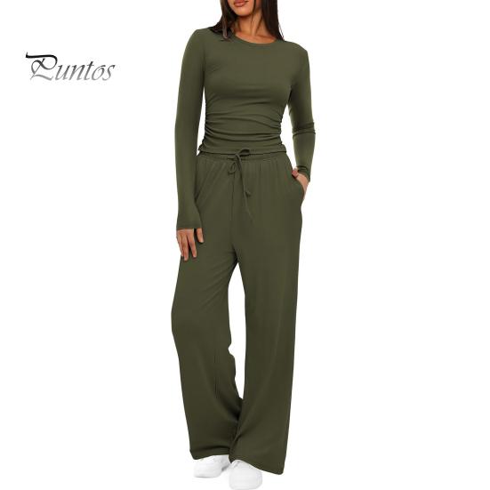 Long Sleeve Top Women Pants Set for Spring Fall, Slim Fit Crewneck Sweatshirt, Two Piece Sets Elastic Waist Loose Wide Leg Pants, Solid Color