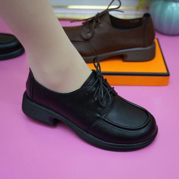 Scarpe basse singole autunnali con tacco spesso allacciate, nuove, con temperamento, retrò, comode, scarpe piccole in pelle