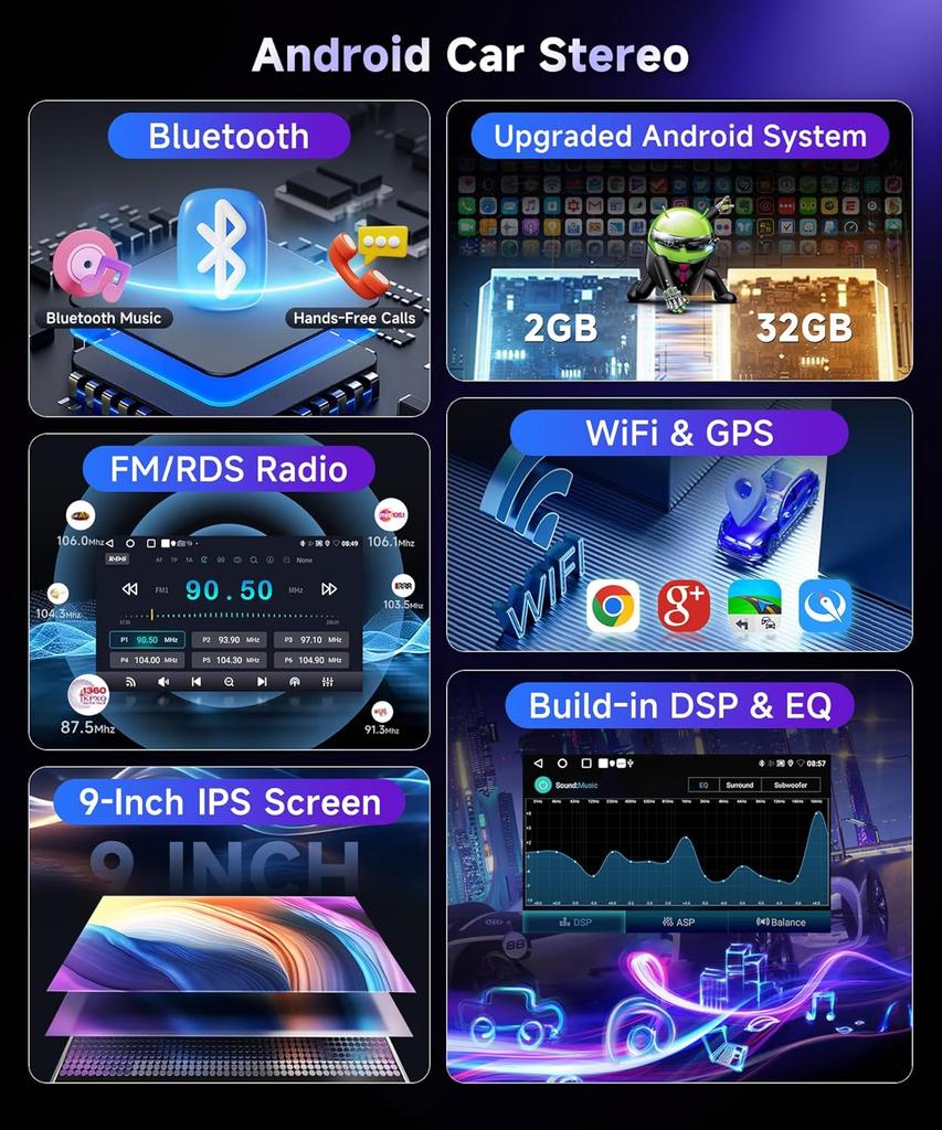 Car Stereo for Honda Civic 2001-2005, 9' HD Touch Screen, CarPlay, Android Auto, Bluetooth, GPS, WiFi, Backup Camera