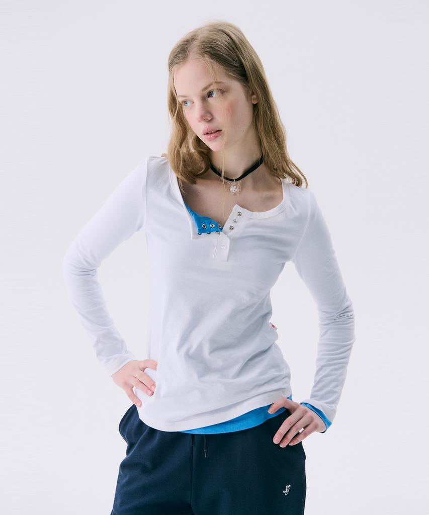 JUNEJUNE SPACE Solid Henry Neck T-Shirt_White