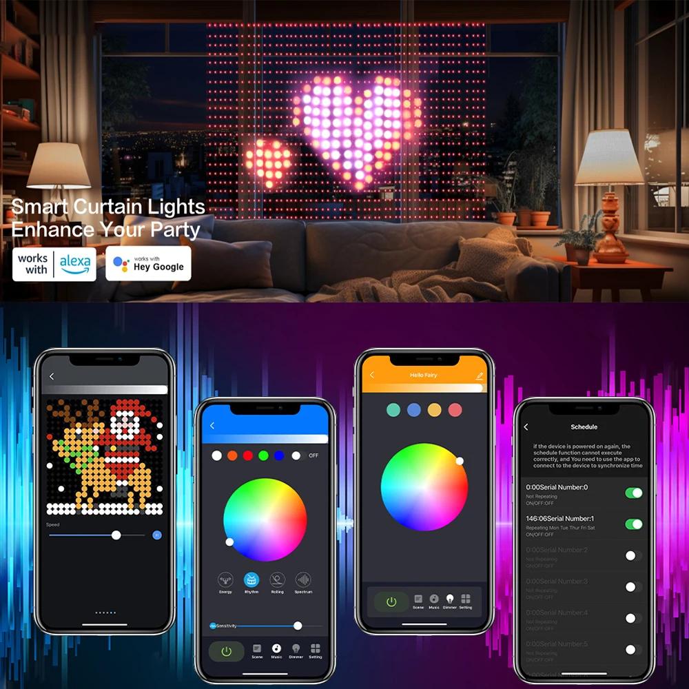 800LEDs Smart Curtain Lights Bluetooth App LED String RGB Fairy Lights DIY Music Change Display for Window Bedroom Decoration