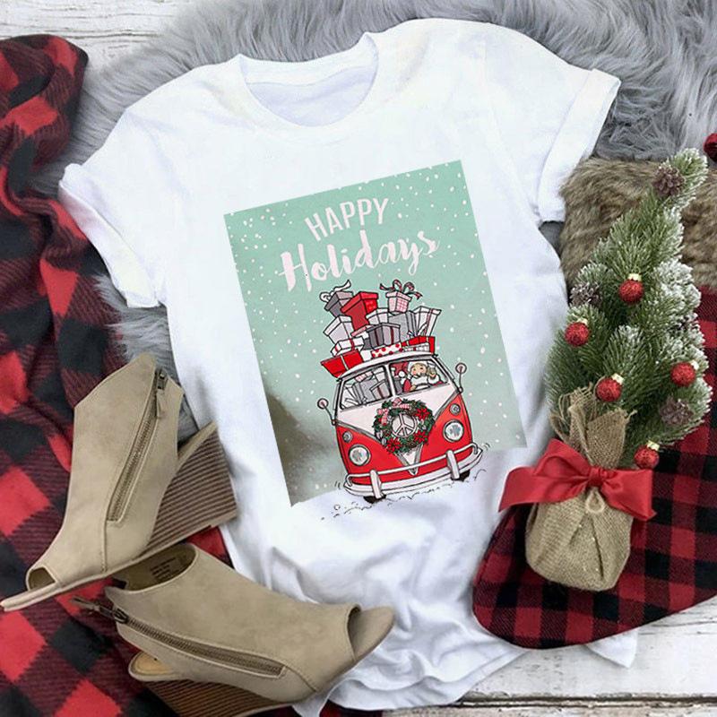 Women's Crew Neck Short Sleeve Graphic Print Christmas T-Shirts Loose Fit Casual Tees