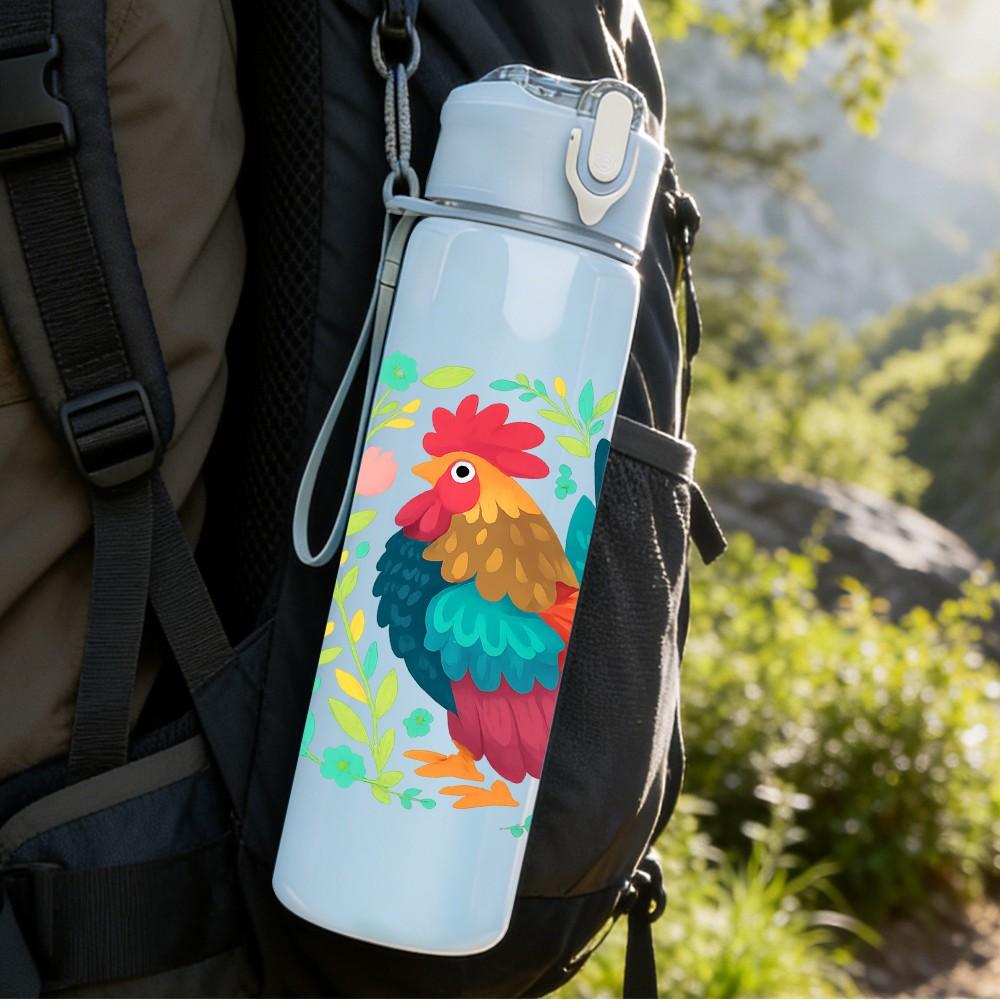 1PC Colorful Rooster Art 750ml Color Plastic Sports Water Bottle Leakproof Flip Straw Lid Suitable for Sports Office Home Use