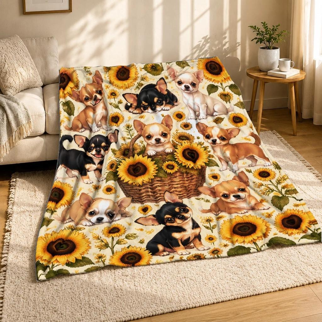 Chihuahua Puppies Sunflowers Coral Fleece Blanket Dog Decor