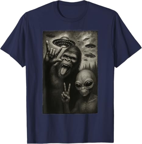 HOT SALE Fun Selfie of Bigfoot Bigfoot Hand Logo On A Stone UFO Tshirt Bigfoot and Alien Enthusiast Y2k Graphic Tshirt