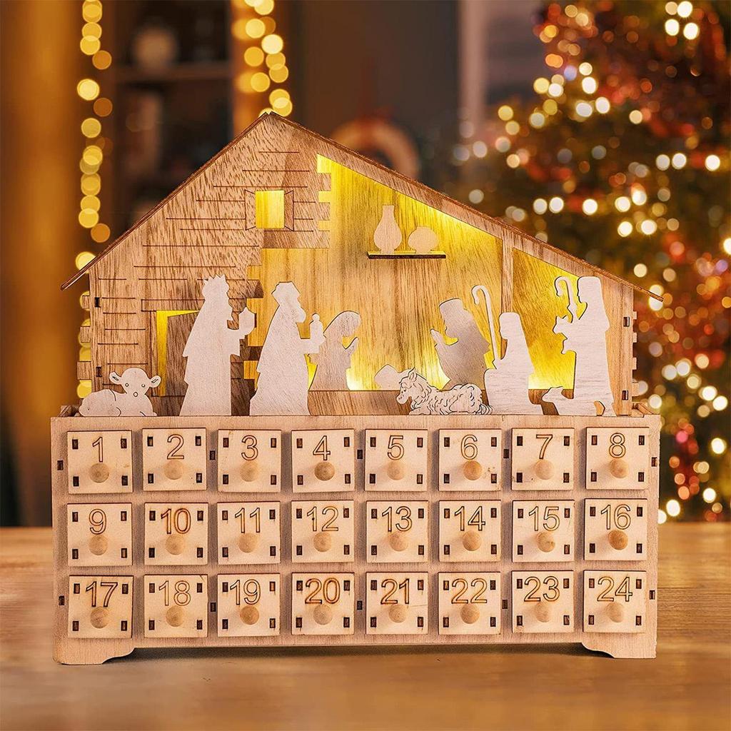 Nativity Scene House Advent 24 Days Wooden Christmas Decor Crafts Countdown Calendar Drawer With LED Light For Indoor Holiday