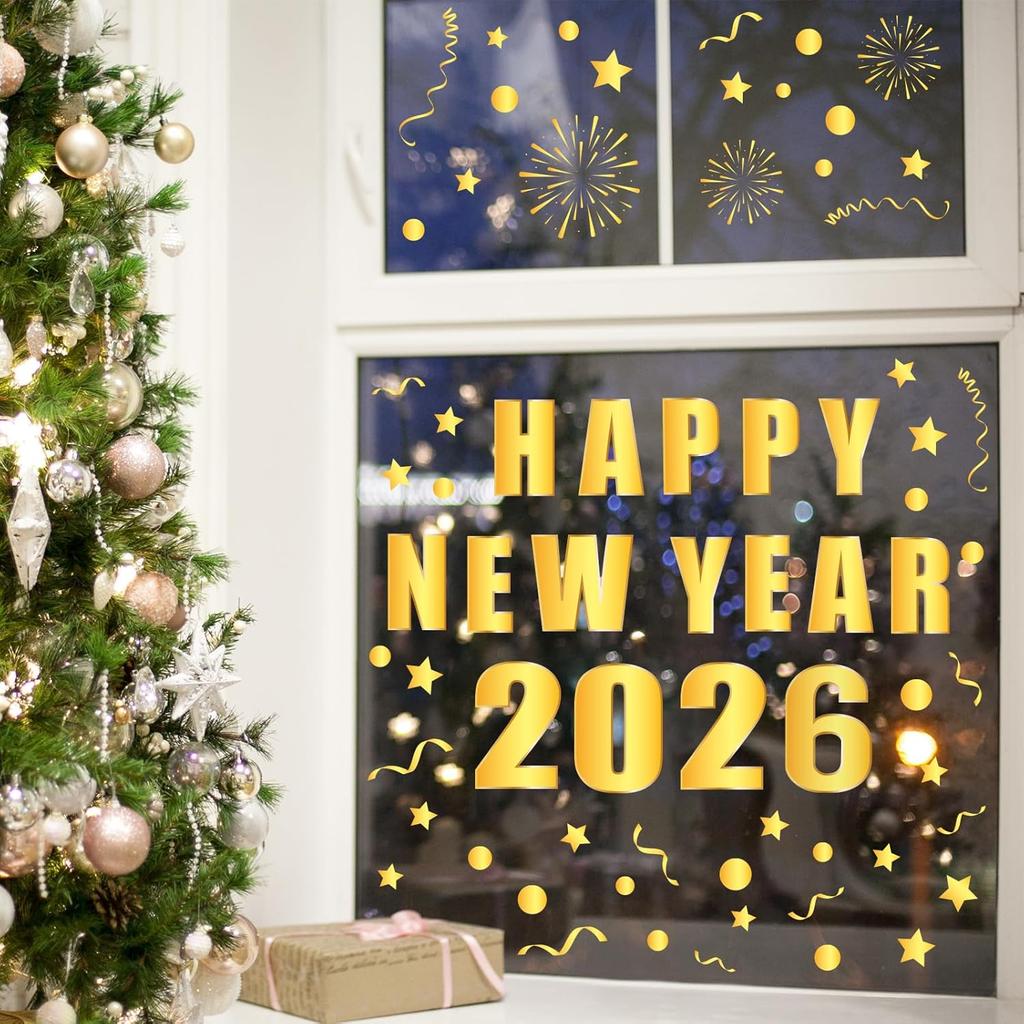 Whaline 6 Sheet 2026 Happy New Year Window Clings Foil Gold New Years Eve Firework Reble Window Decals for Home Office Classroom Party Decor