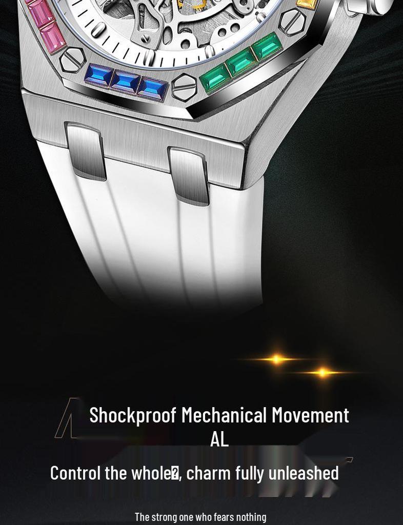ONOLA Montre Homme Automatique Mécanique Fashion Diamants Arc-en-ciel Bracelet Silicone Étanche