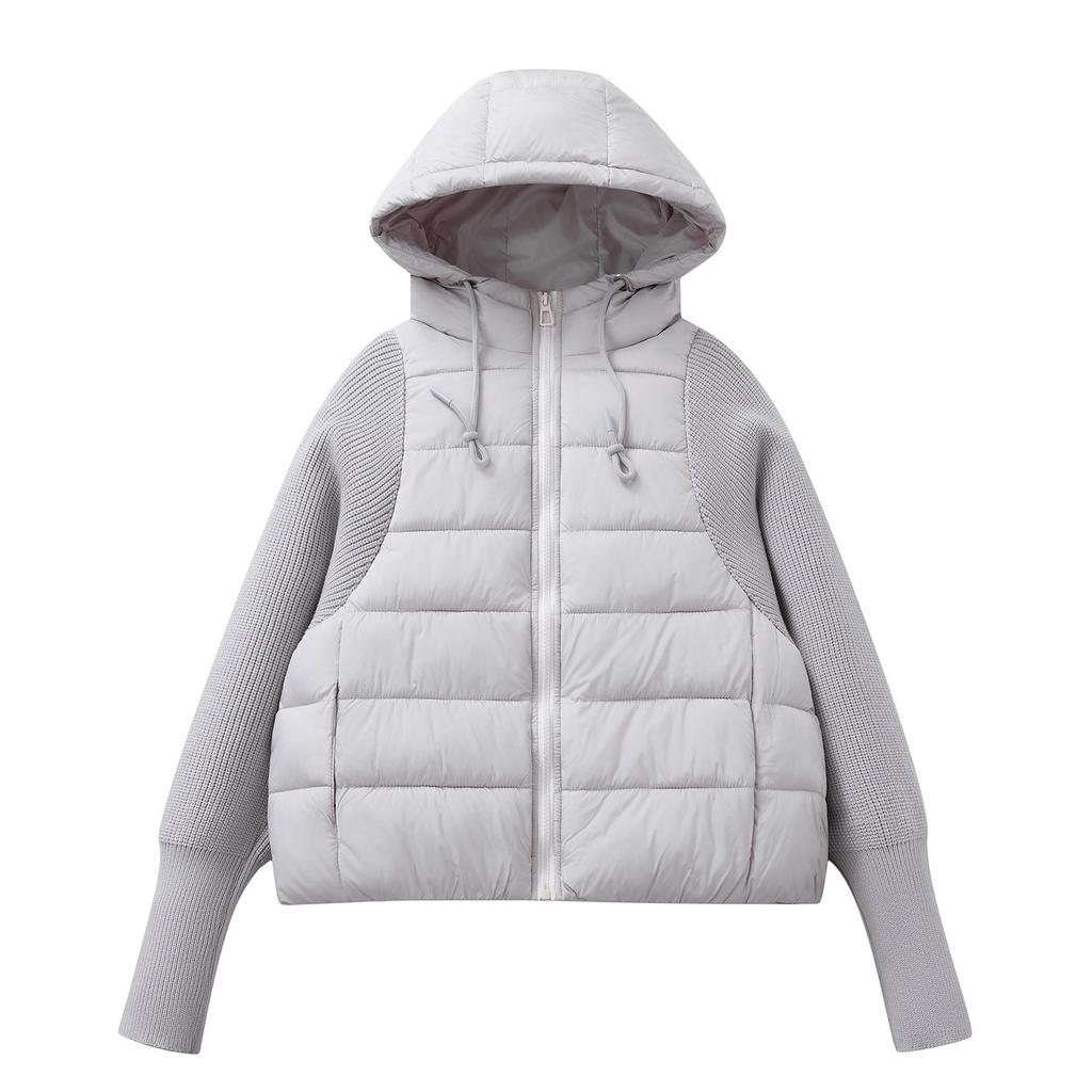 Knitted Wool Sleeve Ribbed Short Cotton Jacket Women's Autumn and Winter Hooded Thick Padded Coat Bomber Jacket