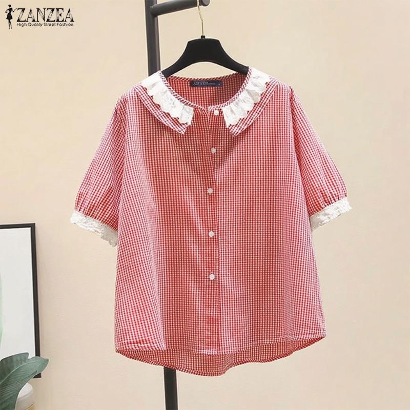 ZANZEA Womens Summer Splice Classic Collar Short Sleeve Grid Print Blouse