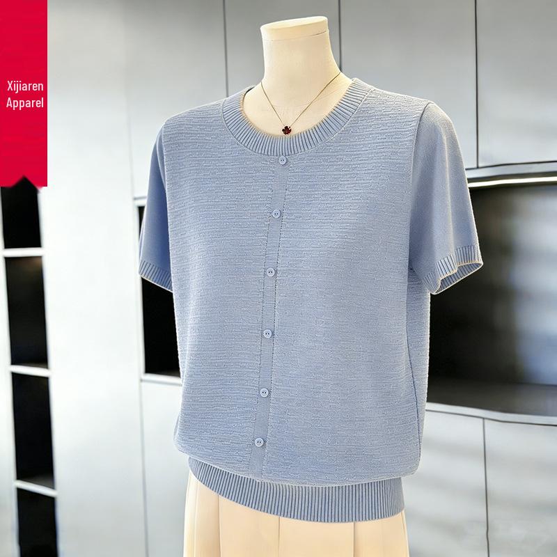 Elegant Summer Knit Top: Ice Silk Short-Sleeve T-Shirt for Stylish Moms and Seniors