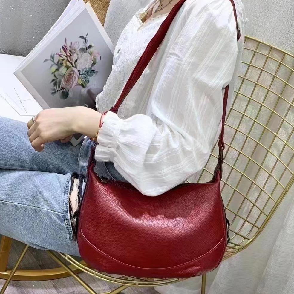 Cowhide Women Single Shoulder Crossbody Simple Multi-compartment Dumpling Bag Large Capacity Aunt Mother Bag