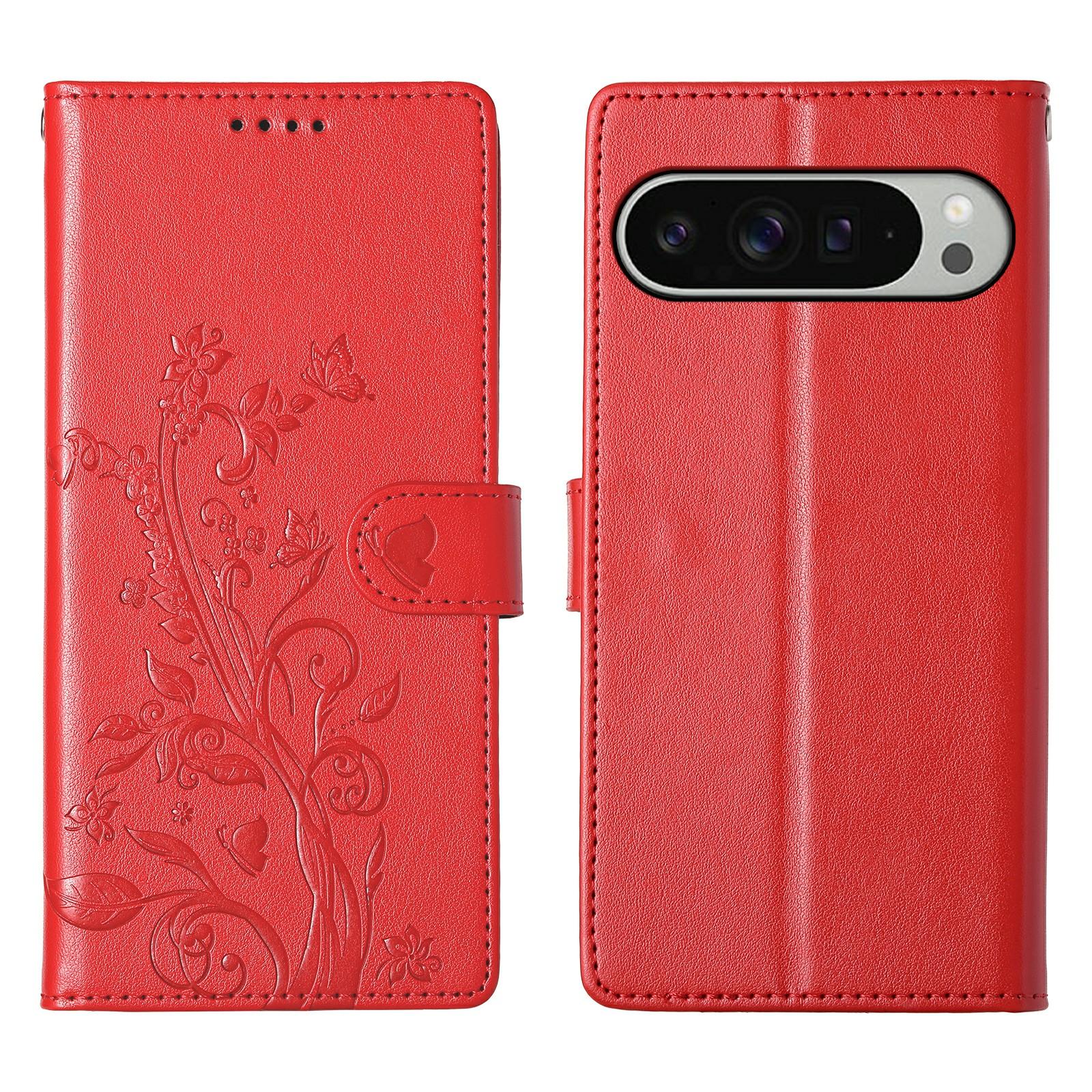 

For Google Pixel 9 Pro XL Wallet Case Butterfly Floral Imprint PU Leather Phone Cover with Wrist Strap