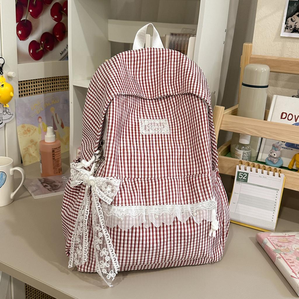Schoolbag Milk Huhu Plaid Lace Backpack Girl Heart Travel Small Backpack Japanese Sweet Wind Student Party School Bag