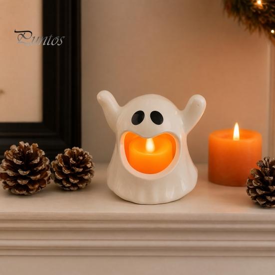 Halloween Home Ornament Ghost Candle Holder with LED Candle, Cute Tea Light Night Holder, Spooky Tabletop Decoration for Indoor Decor, Holiday