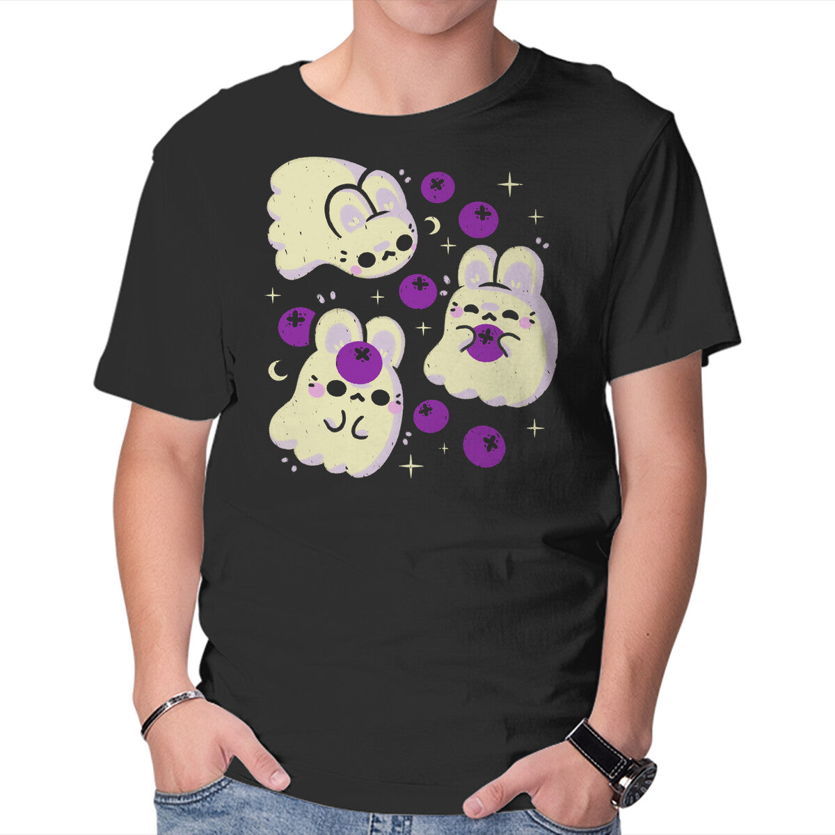Unisex Crew Neck T-Shirt Cute Bunny Ghosts Graphic Short Sleeve Casual Tee XXXL